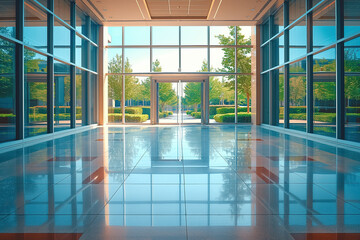 Modern office lobby with glass walls and reflective floor featuring greenery