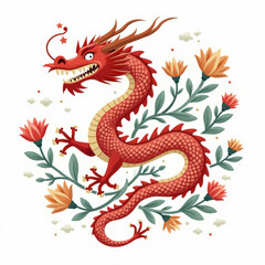 Fototapeta premium Red Dragon Floral Design, Chinese Myth - Mythical Creatures