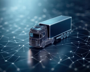 A detailed 3D model of a truck on a digital network background, symbolizing logistics and transportation technology. Cargo management logistics tracking automation concept.
