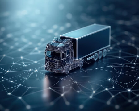 A detailed 3D model of a truck on a digital network background, symbolizing logistics and transportation technology. Cargo management logistics tracking automation concept.