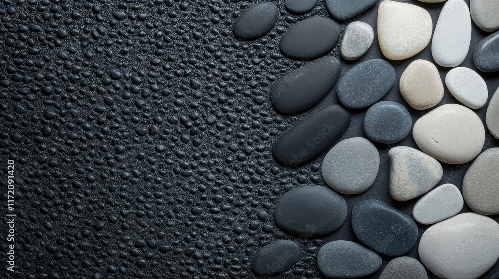 Poster abstract black geometric stones and rocks arranged in a modern pattern, creating a bold and minimali