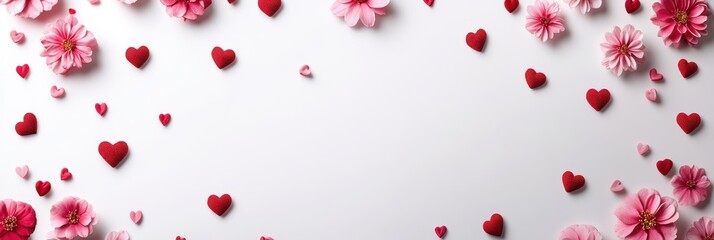 A serene composition featuring delicate flowers and vibrant hearts scattered artfully on a pristine white surface, perfect for Valentine's Day celebrations.