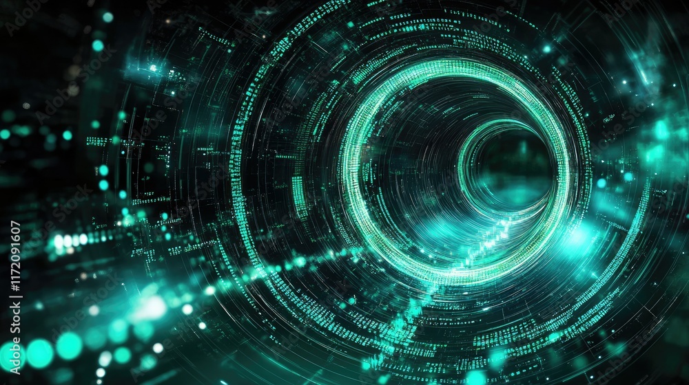Poster abstract digital space with green code streams leading to a luminous circular portal