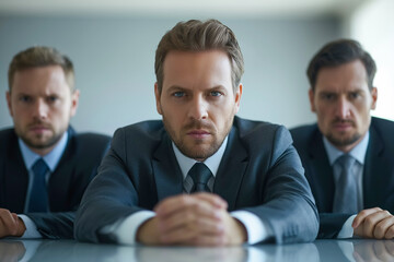 Fototapeta premium Three serious businessmen in suits seated at a conference table
