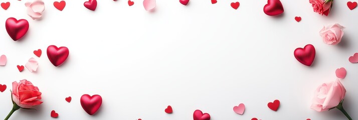 A romantic display featuring numerous hearts and roses arranged on a pristine white surface, perfect for celebrating love on Valentine's Day.