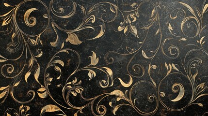 Luxurious vintage wallpaper featuring swirling gold floral patterns on black.