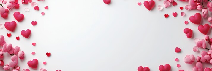A myriad of pink hearts are delicately scattered across a clean white surface, creating a charming and romantic atmosphere perfect for Valentine's Day.