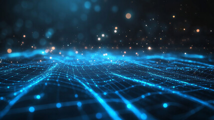 Abstract digital surface with sparkling particles and a technological blue grid background