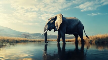 Naklejka premium An elephant stands in a serene water landscape under a cloudy sky.