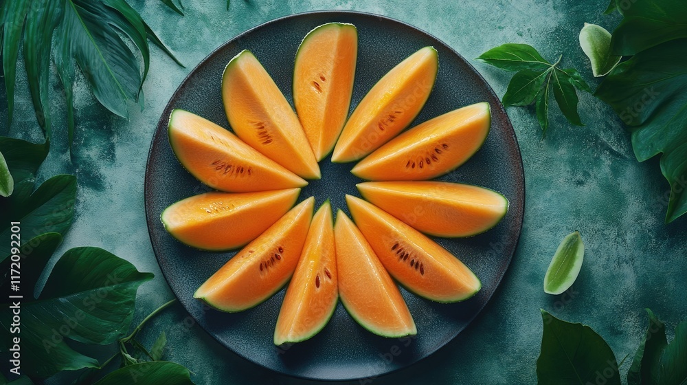 Aufkleber bright orange cantaloupe slices arranged in a circular pattern on a plate, surrounded by summer vibe