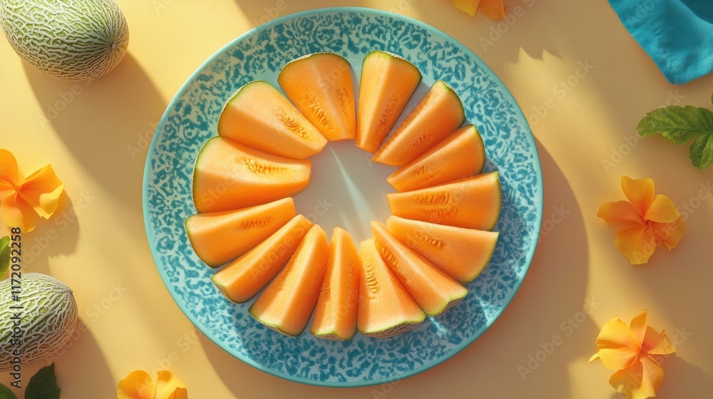 Aufkleber bright orange cantaloupe slices arranged in a circular pattern on a plate, surrounded by summer vibe