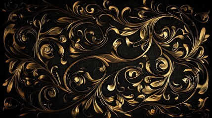 Luxurious vintage wallpaper featuring swirling gold floral patterns on black.