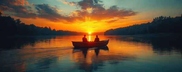 Fototapeta premium Sunset Serenity: A Couple's Peaceful Boat Ride