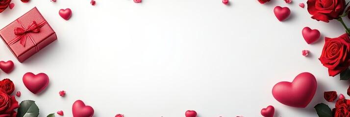 A red gift box adorned with a bow sits alongside vibrant red roses on a clean white background, symbolizing love and romance for Valentine's Day.