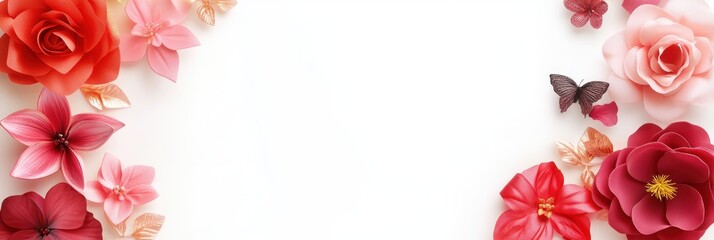 Obraz premium A vibrant arrangement of colorful flowers and butterflies beautifully displayed on a white surface, perfect for celebrating love on Valentine's Day.