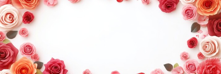 Obraz premium A delicate arrangement of colorful paper flowers encircles a pristine white background, creating a romantic and festive atmosphere for Valentine's Day.