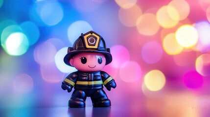 Fototapeta premium bright toy firefighter stands against colorful bokeh background, evoking joy and playfulness