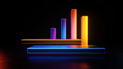 A futuristic comparative bar chart with glowing, segmented bars in radiant gradients, dynamically floating above a sleek black base, creating a high-tech and visually striking data visualization.