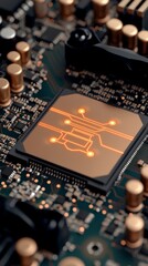 Advanced Microchip Technology Close up of Circuit Board with Illuminated Processor