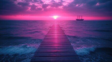Fototapeta premium long wooden pier with ropes leading to the water, with an old sailing ship at its end against a pink and purple sky