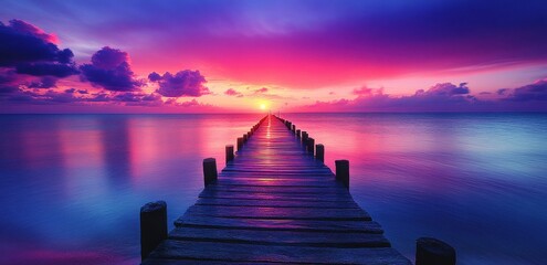 Obraz premium long wooden pier with ropes leading to the water, with an old sailing ship at its end against a pink and purple sky