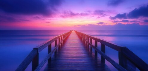 Obraz premium long wooden pier with ropes leading to the water, with an old sailing ship at its end against a pink and purple sky