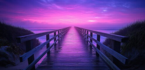 Obraz premium long wooden pier with ropes leading to the water, with an old sailing ship at its end against a pink and purple sky