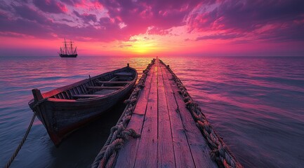 Obraz premium long wooden pier with ropes leading to the water, with an old sailing ship at its end against a pink and purple sky