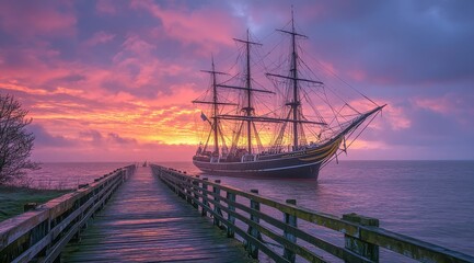 Obraz premium long wooden pier with ropes leading to the water, with an old sailing ship at its end against a pink and purple sky