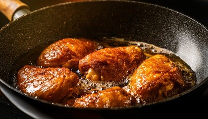Fototapeta premium marinated chicken thighs frying in hot oil with golden brown textures in a nonstick frying pan 