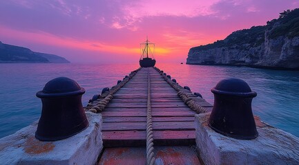 Obraz premium long wooden pier with ropes leading to the water, with an old sailing ship at its end against a pink and purple sky