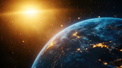 Close-up of Earth with magnetic field lines illustrated in blue, deflecting yellow solar flare particles in space