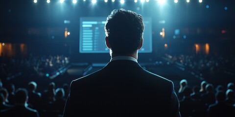 Confident Entrepreneur Presenting Financial Strategy in High-Tech Auditorium