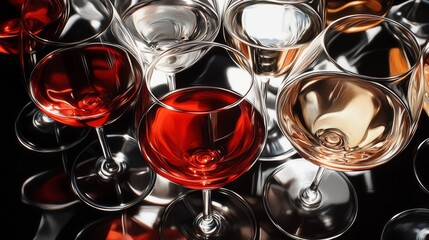 78.A collection of wine glasses on a table, each with wine of varying shades, from rich ruby red to light, crisp white; the scene is brightly lit, casting soft shadows and reflections, with each