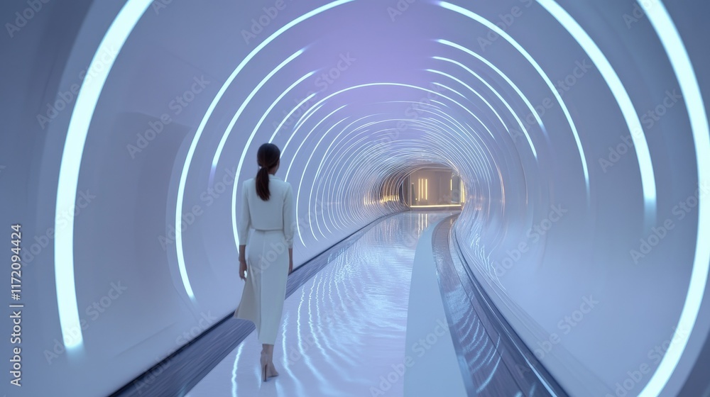 Poster futuristic hallway with customizable voice-activated lighting, creating a dynamic atmosphere.