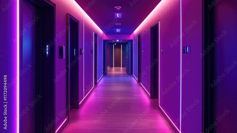 Poster futuristic hallway with customizable voice-activated lighting, creating a dynamic atmosphere.
