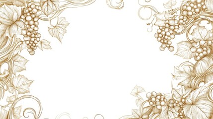 27.Circular frame design featuring a hand-drawn, twisting golden vine with flowing leaves and clusters of grapes; the line art style highlights intricate vine curls and delicate leaf details,