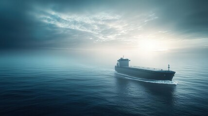Obraz premium A large cargo ship navigates through misty waters, illuminated by the soft glow of sunrise on the horizon. Cargo management logistics tracking automation concept.