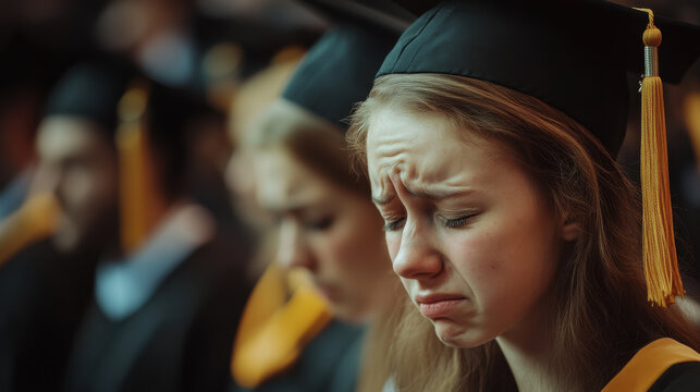 young woman in graduation cap expresses sadness during ceremony, surrounded by fellow graduates. emotional moment captures bittersweet nature of graduation