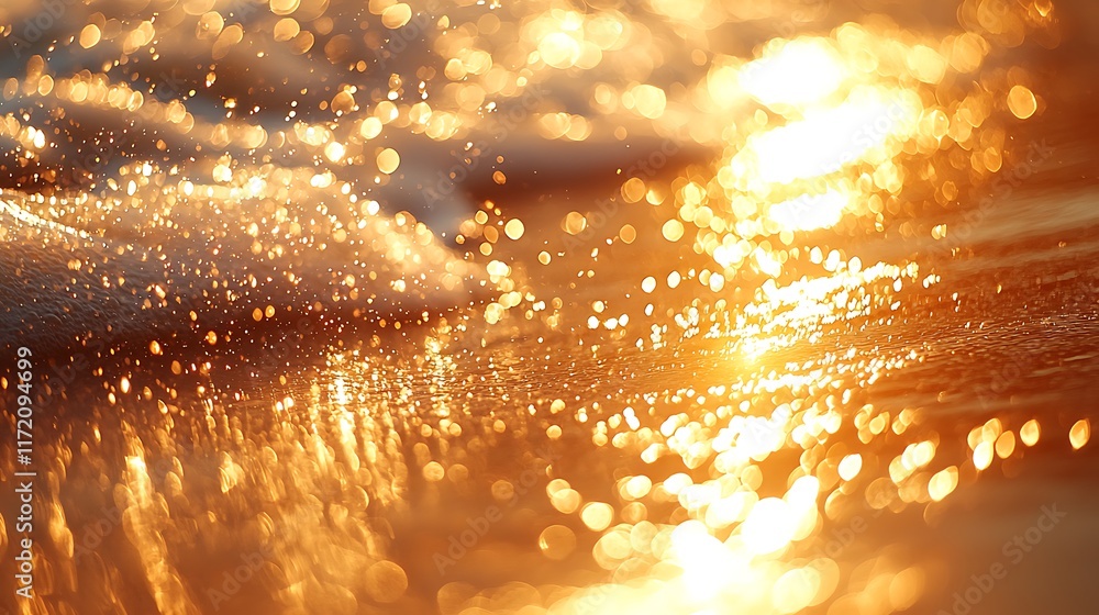 Poster golden sunset reflecting on ocean waves, creating sparkling bokeh effect.