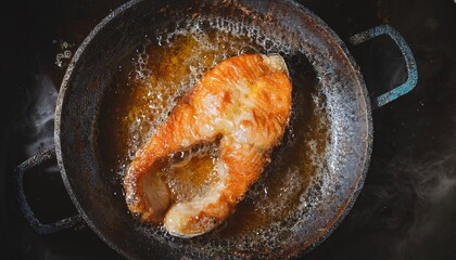 top view of salmon steak frying in hot oil with golden crispy skin and bubbling oil textures in a frying pan
