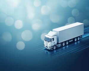 A modern delivery truck in motion against a blurred blue background, symbolizing speed and efficiency in logistics. Cargo management logistics tracking automation concept.