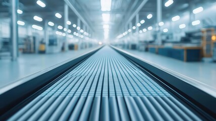 A modern industrial conveyor belt in a spacious manufacturing facility, showcasing efficiency and advanced technology. Cargo management shipment efficiency concept.