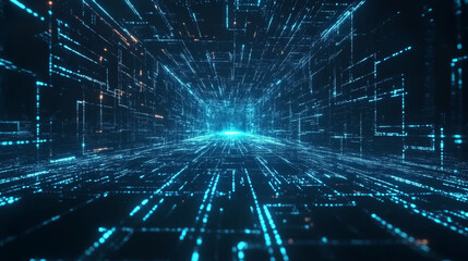 Sci-fi tunnel effect with perspective grid lines and glowing digital light in deep space