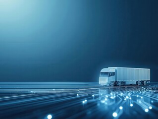A modern truck in a futuristic digital environment, representing logistics and technology in transportation. Cargo management logistics tracking automation concept.