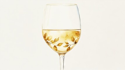92.Watercolor illustration of a wine glass containing light white wine, with a gold vine pattern at the bottom. The glass features a minimalistic floral design in soft, warm gold tones, each leaf and