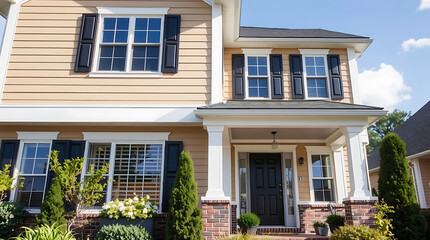 Fototapeta premium Tan two-story house with white trim, black shutters, and a covered front porch. Landscaped with shrubs and flowers. The house features multiple windows and a dark-colored front door.