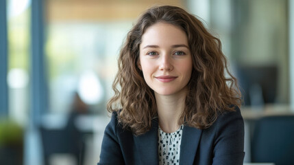 Fototapeta premium young woman with curly hair is sitting at her desk, smiling confidently in modern office environment. Her professional attire and warm expression convey sense of approachability and competence