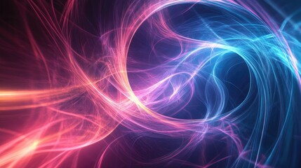 Gravity fields visualized as swirling, radiant waves with a neon color palette and soft glowing effects in a futuristic setting.