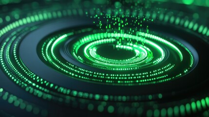 Green holographic data waves spiraling toward a circular teleportation platform
